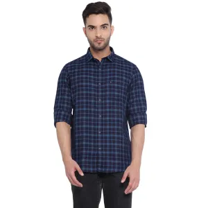 Turtle Men Navy Blue Cotton Checked Slim Fit Shirts