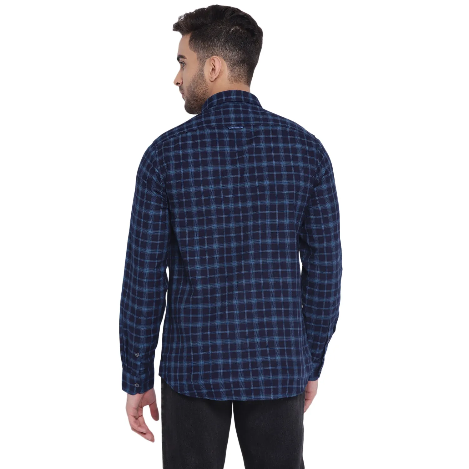 Turtle Men Navy Blue Cotton Checked Slim Fit Shirts