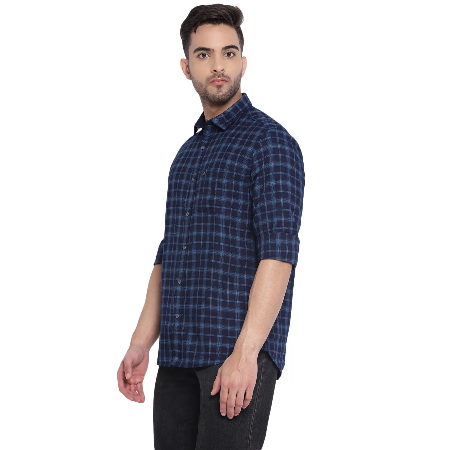 Turtle Men Navy Blue Cotton Checked Slim Fit Shirts