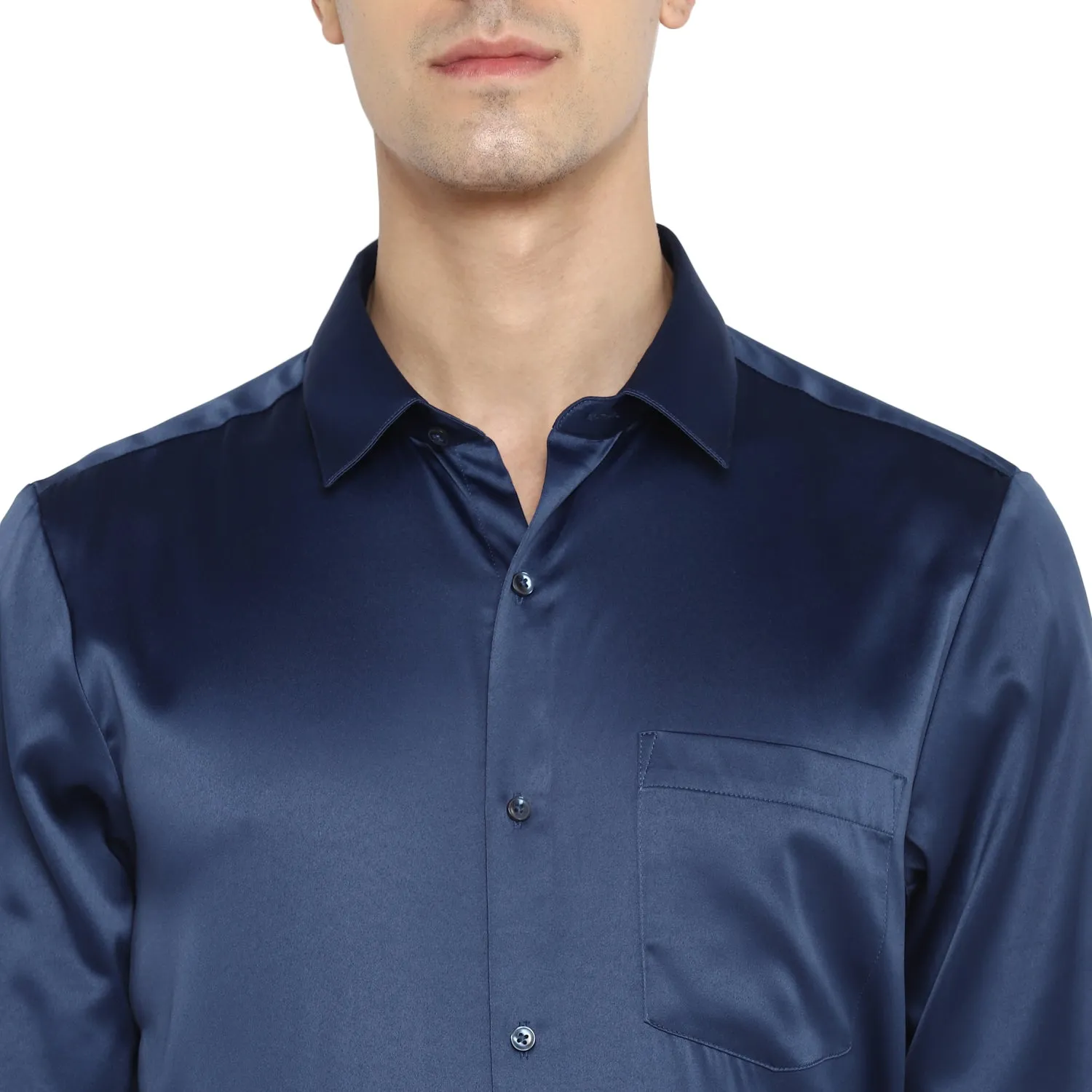 Turtle Men Navy Satin Solid Regular Fit Shirts