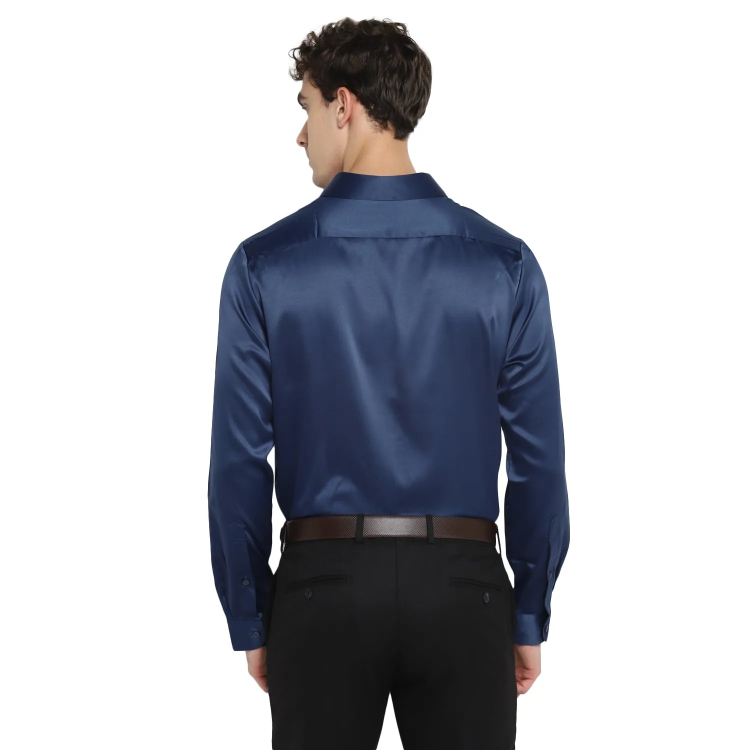 Turtle Men Navy Satin Solid Regular Fit Shirts