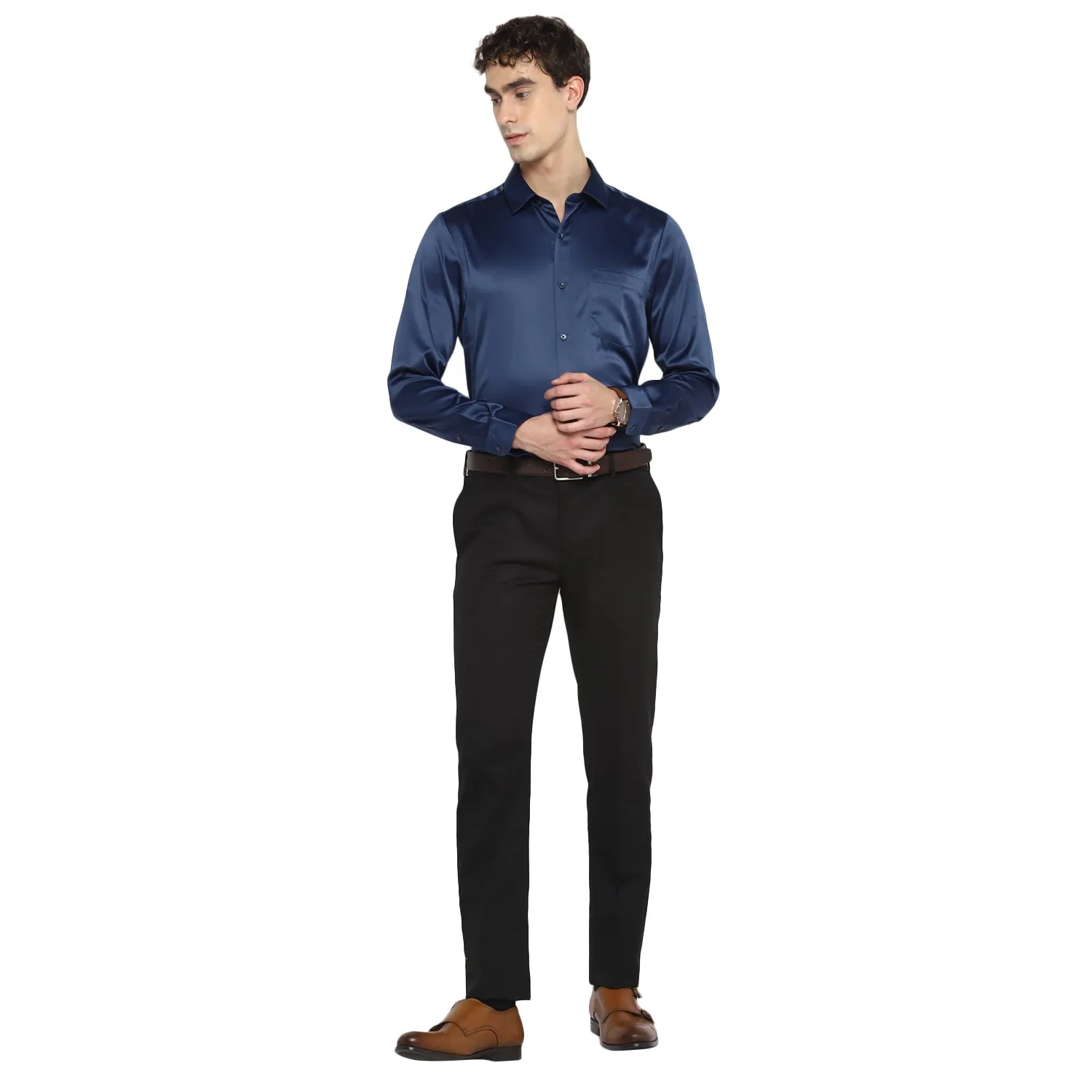 Turtle Men Navy Satin Solid Regular Fit Shirts