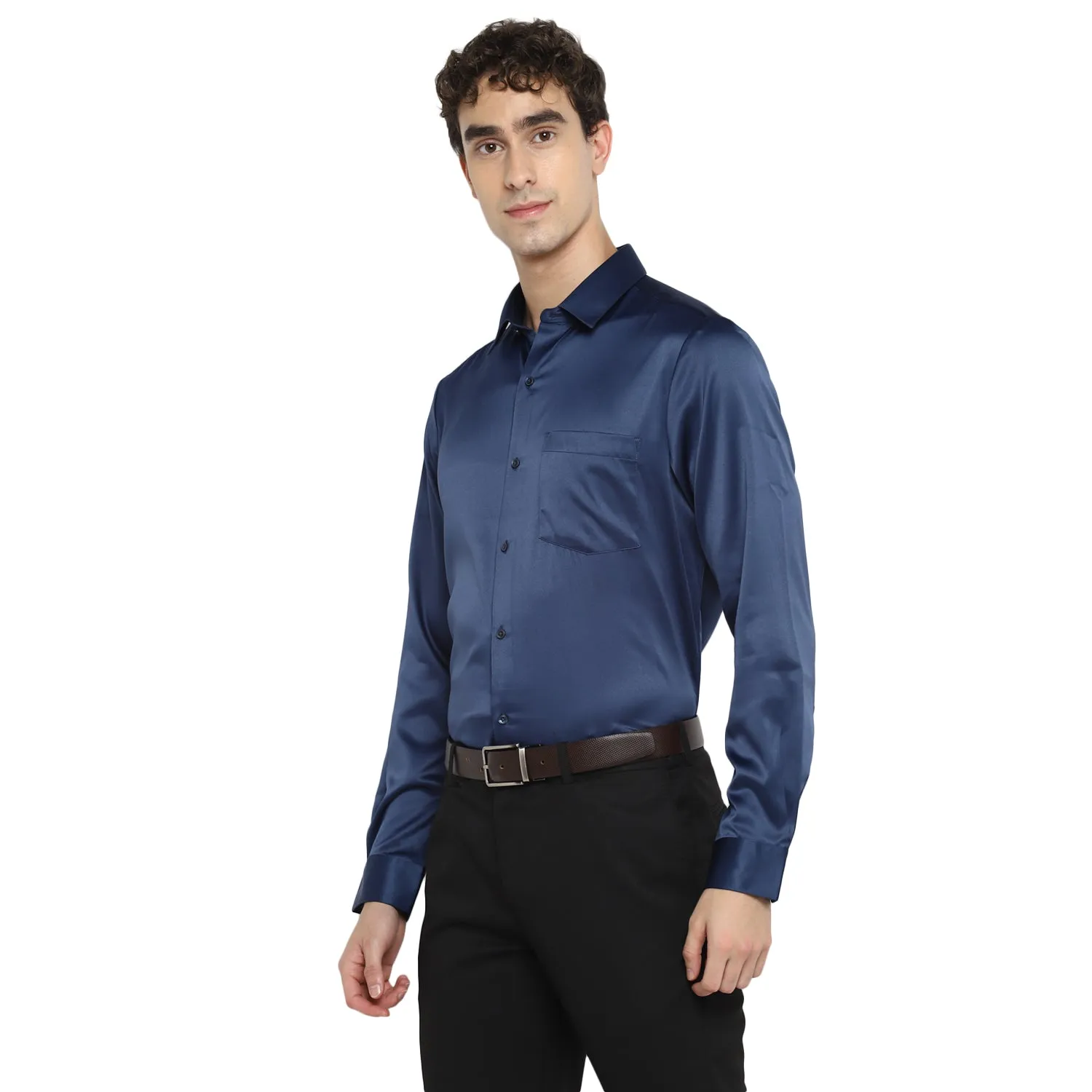 Turtle Men Navy Satin Solid Regular Fit Shirts