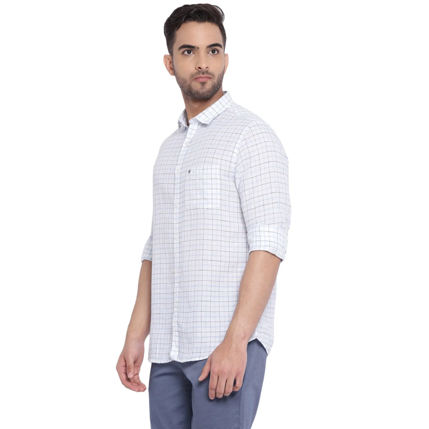 Turtle Men White Linen Checked Slim Fit Shirts