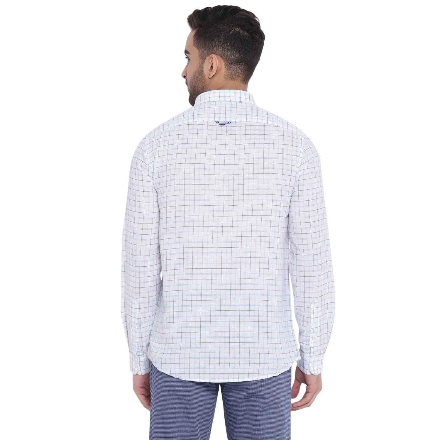 Turtle Men White Linen Checked Slim Fit Shirts