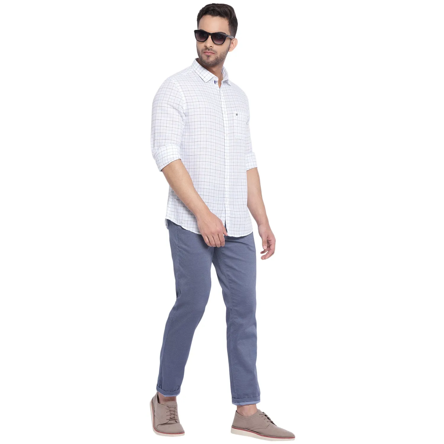 Turtle Men White Linen Checked Slim Fit Shirts