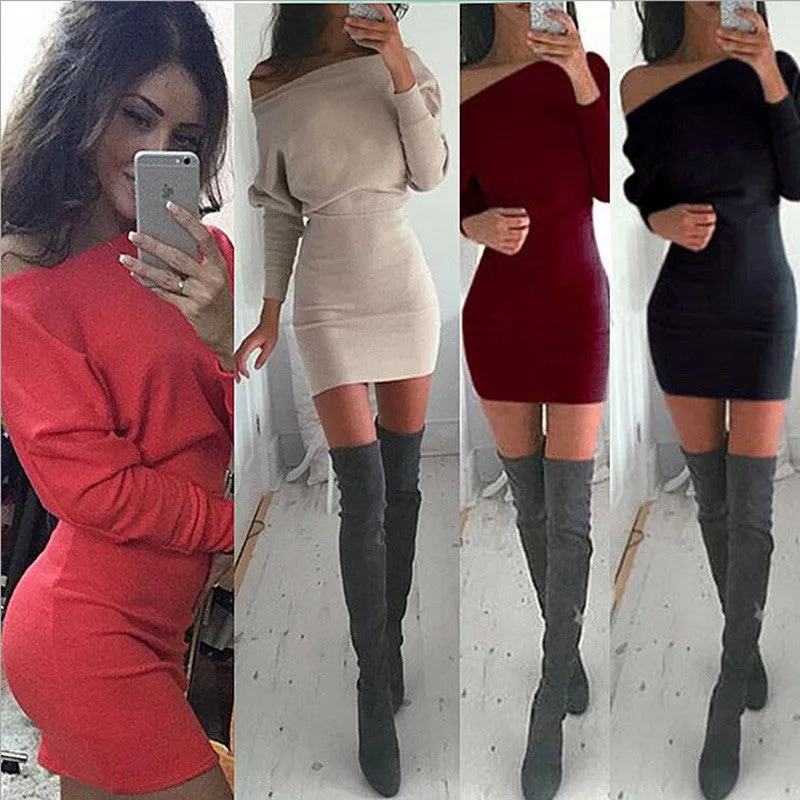 Vestidos Bodycon Sexy Casual Batwing Sleeve Off Shoulder Dresses