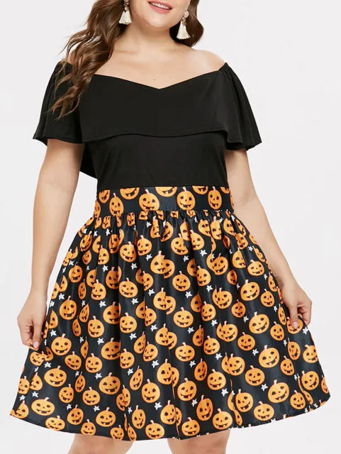 Vintage Pumpkin Off Shoulder Flounce Flared Dresses Halloween Fashion