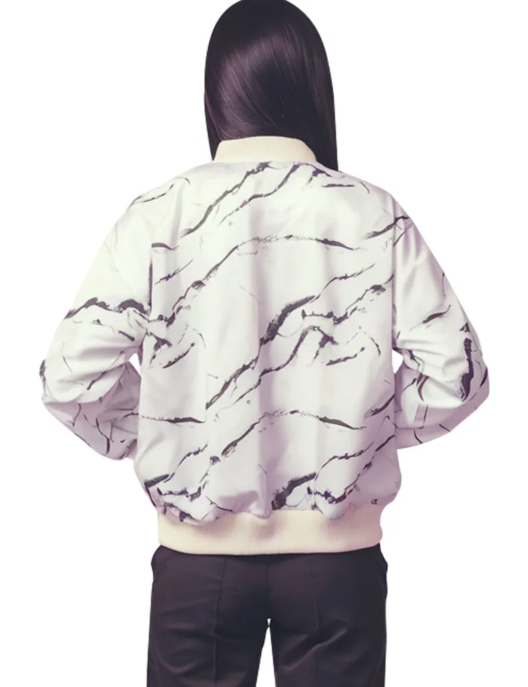 White Marble Print Casual Style Bomber Jacket