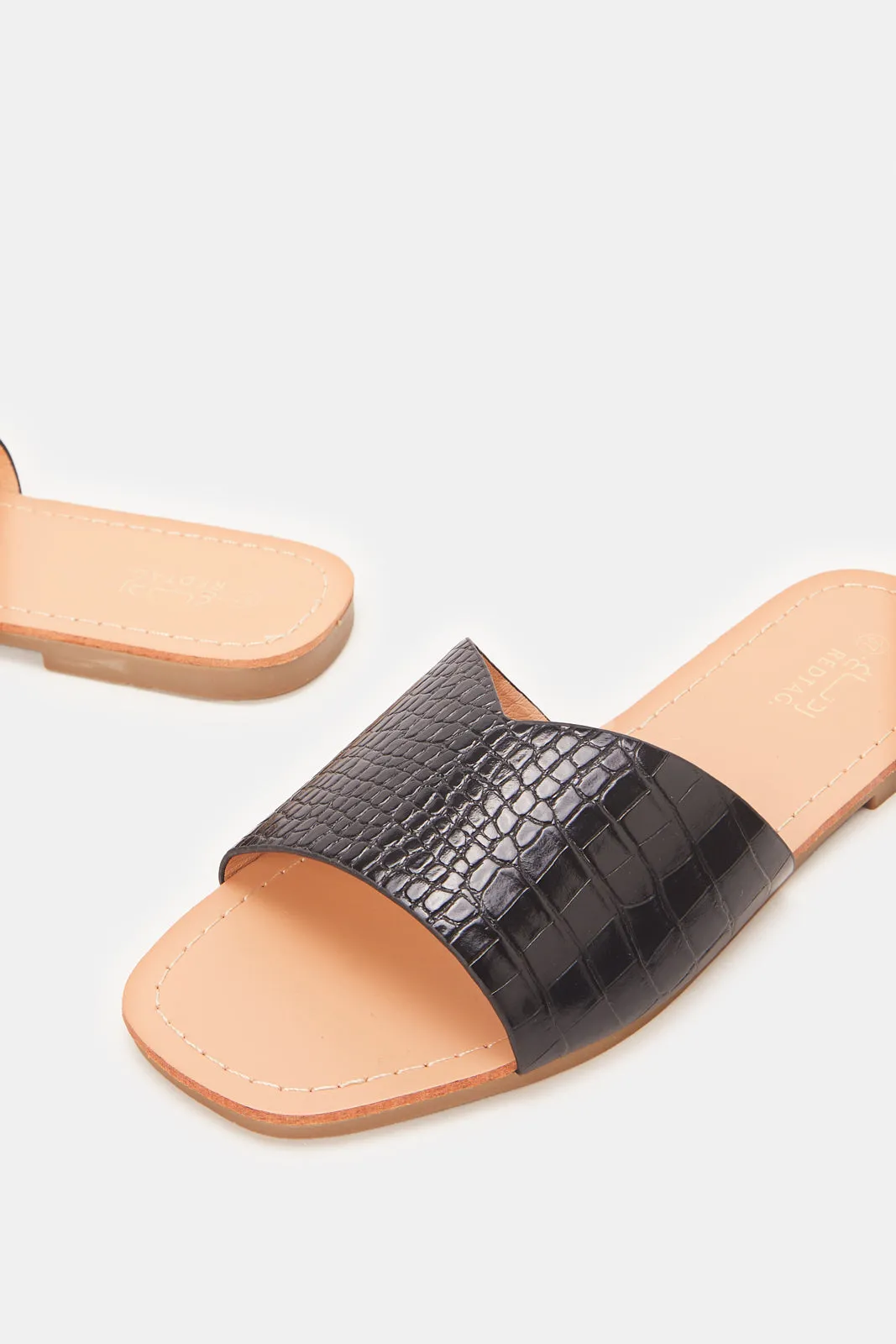 Women Black Croc Print Mules