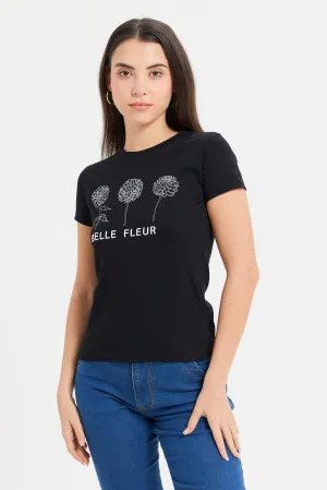 Women Black Flower Printed T-Shirt