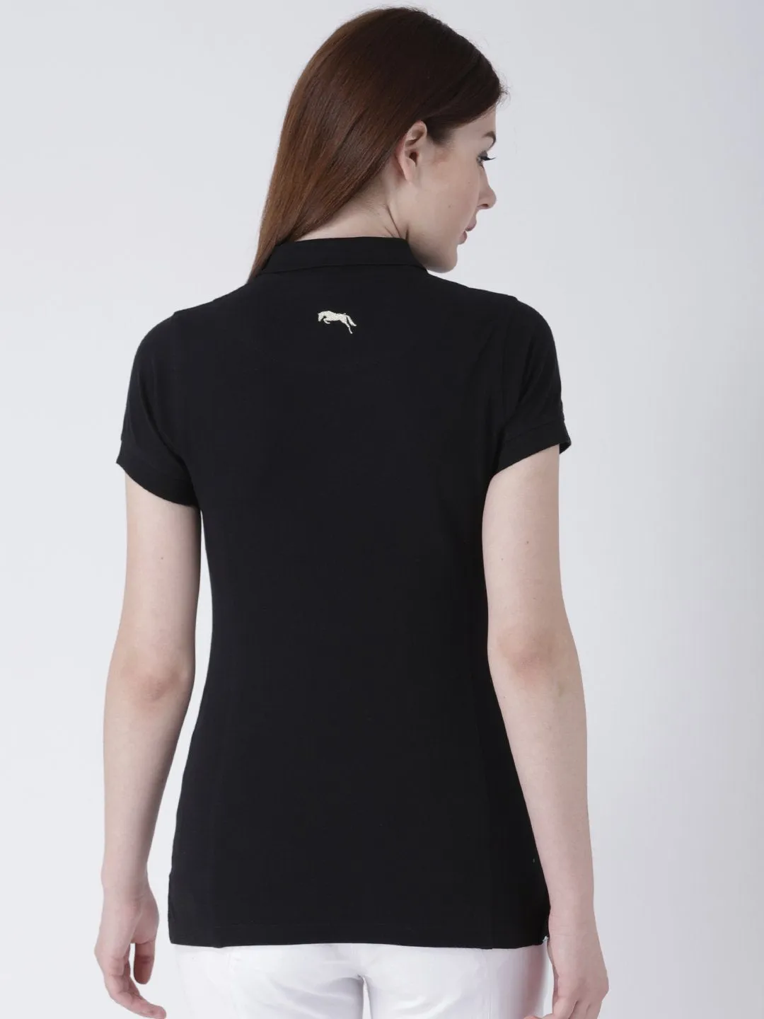 Women Black Solid Polo Neck T-shirt