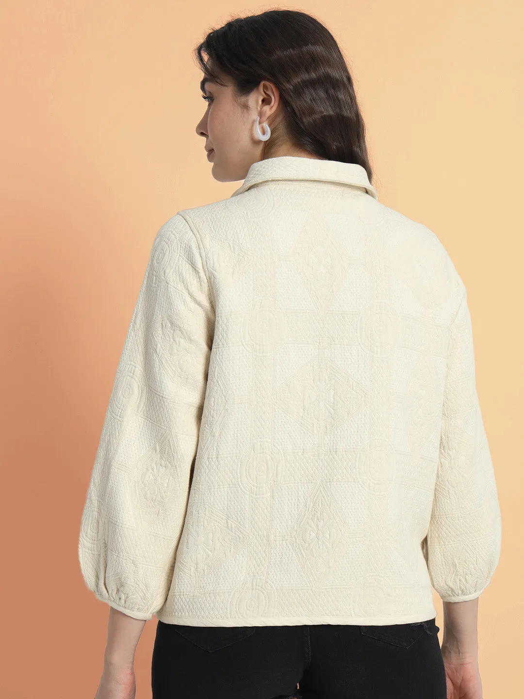 Women Cotton Jacquard Cream Jacket