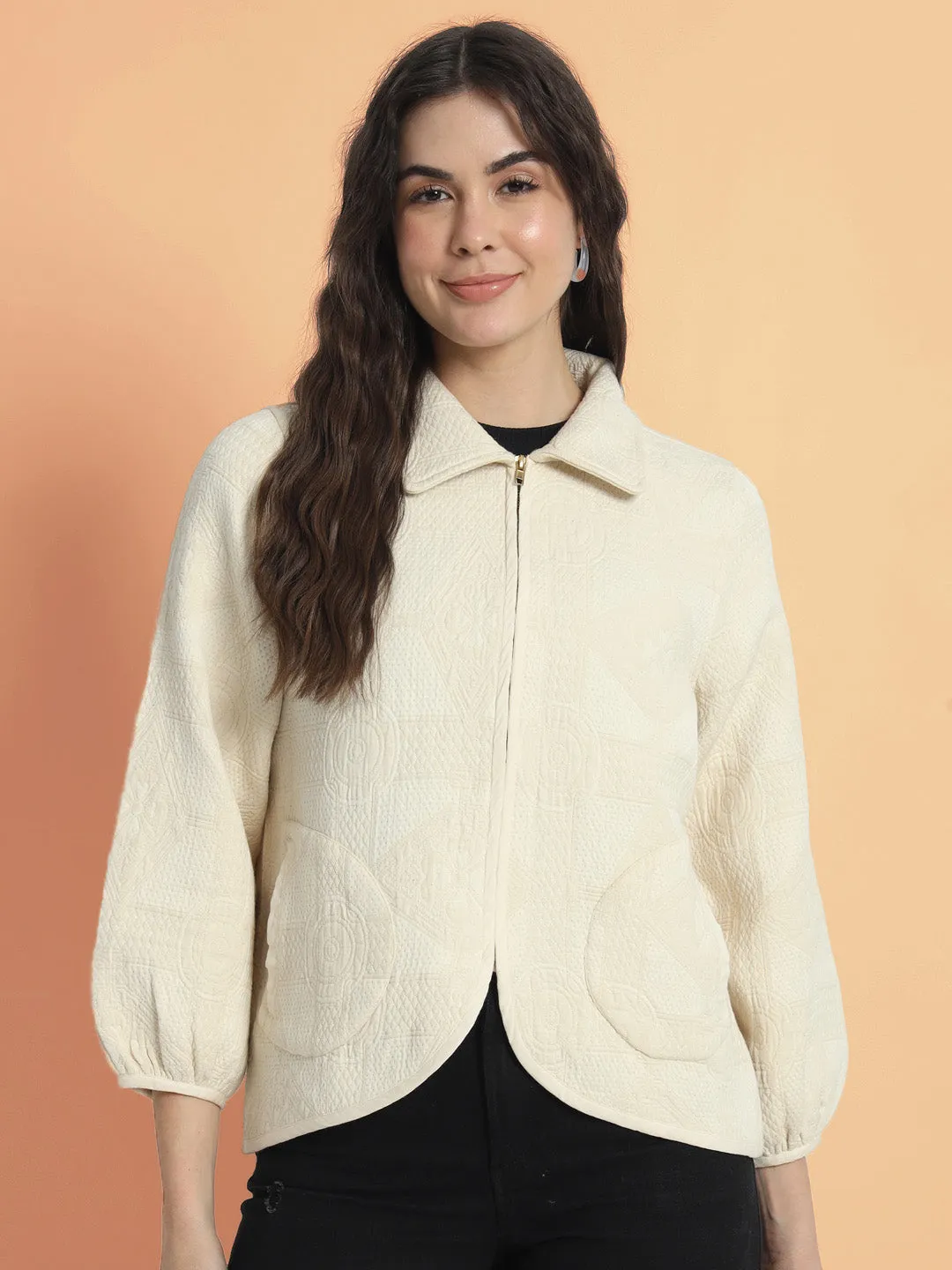 Women Cotton Jacquard Cream Jacket