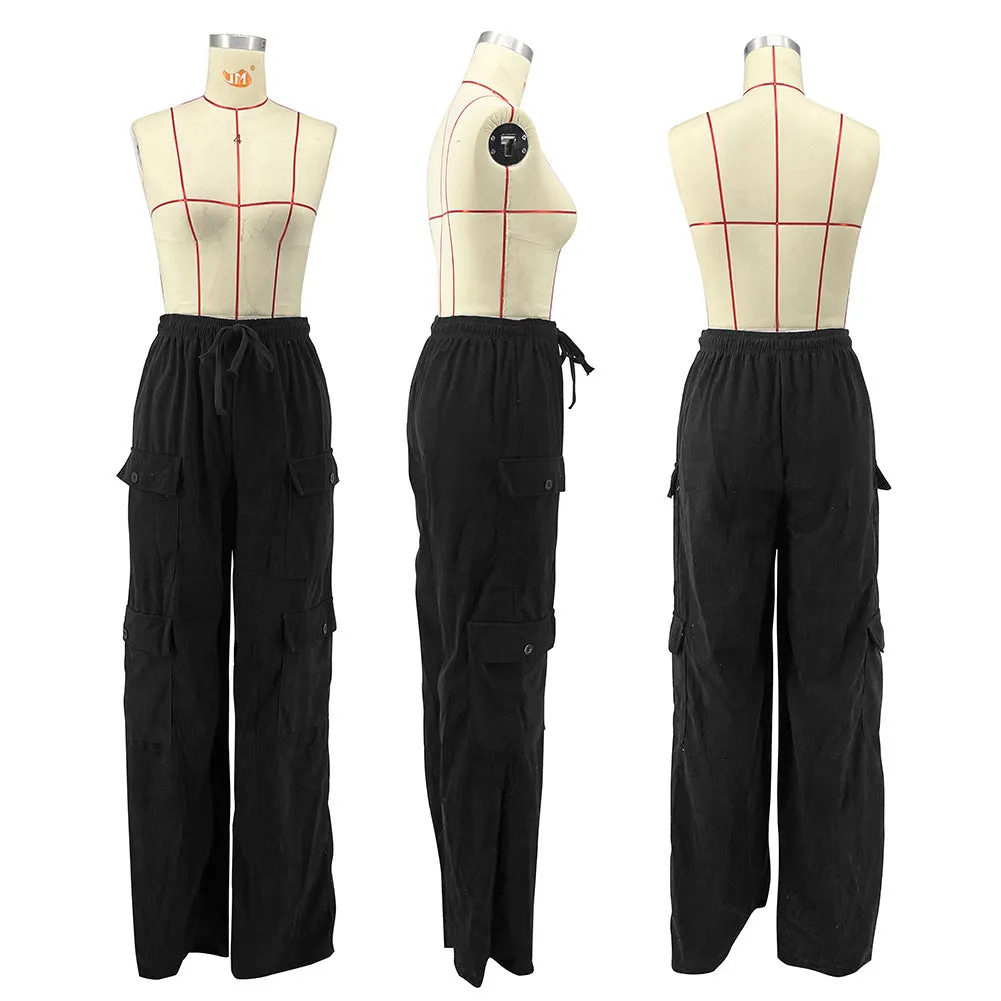 Women Fashion Pocket Side Straight Wide Leg Safari Style Pants 2024 Drawstring Summer Velvet Zipper Fly Cargo Trousers