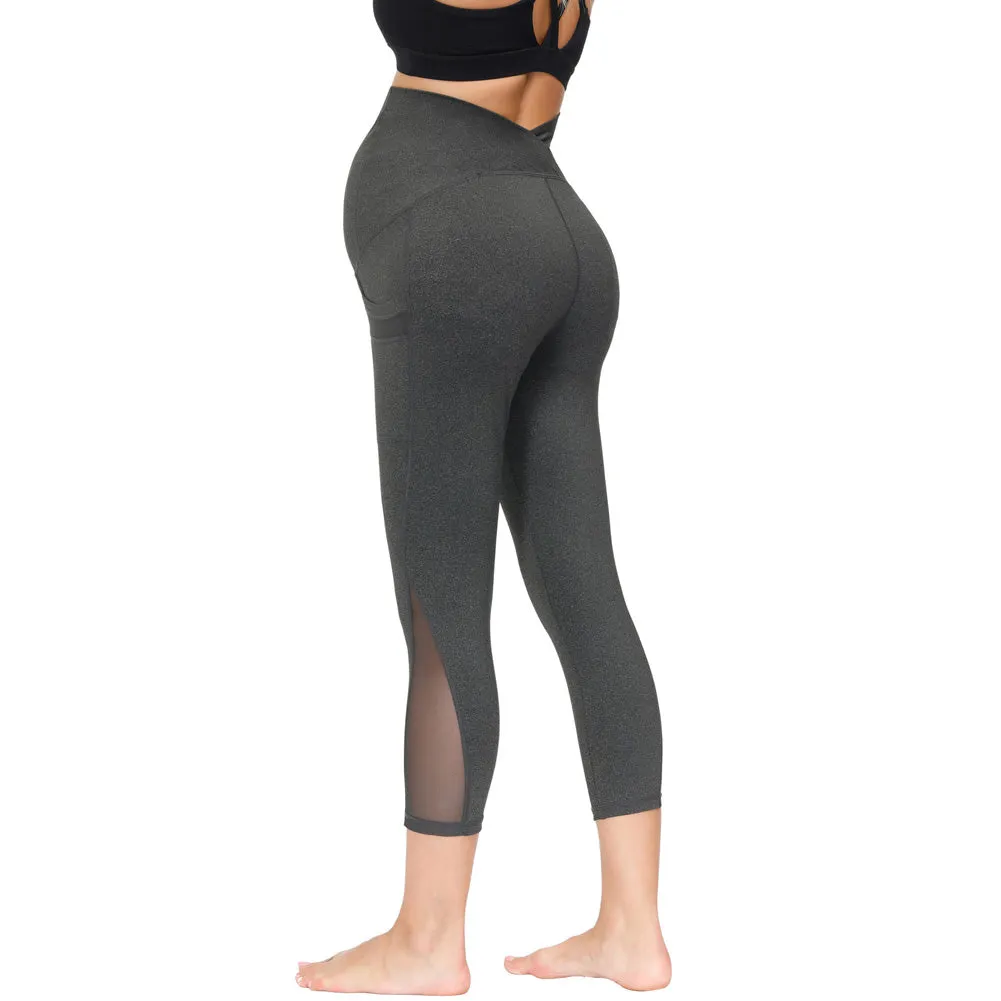 Women Maternity Cropped Yoga Pants Cross V-Back Over-The-Belly Capri Pant