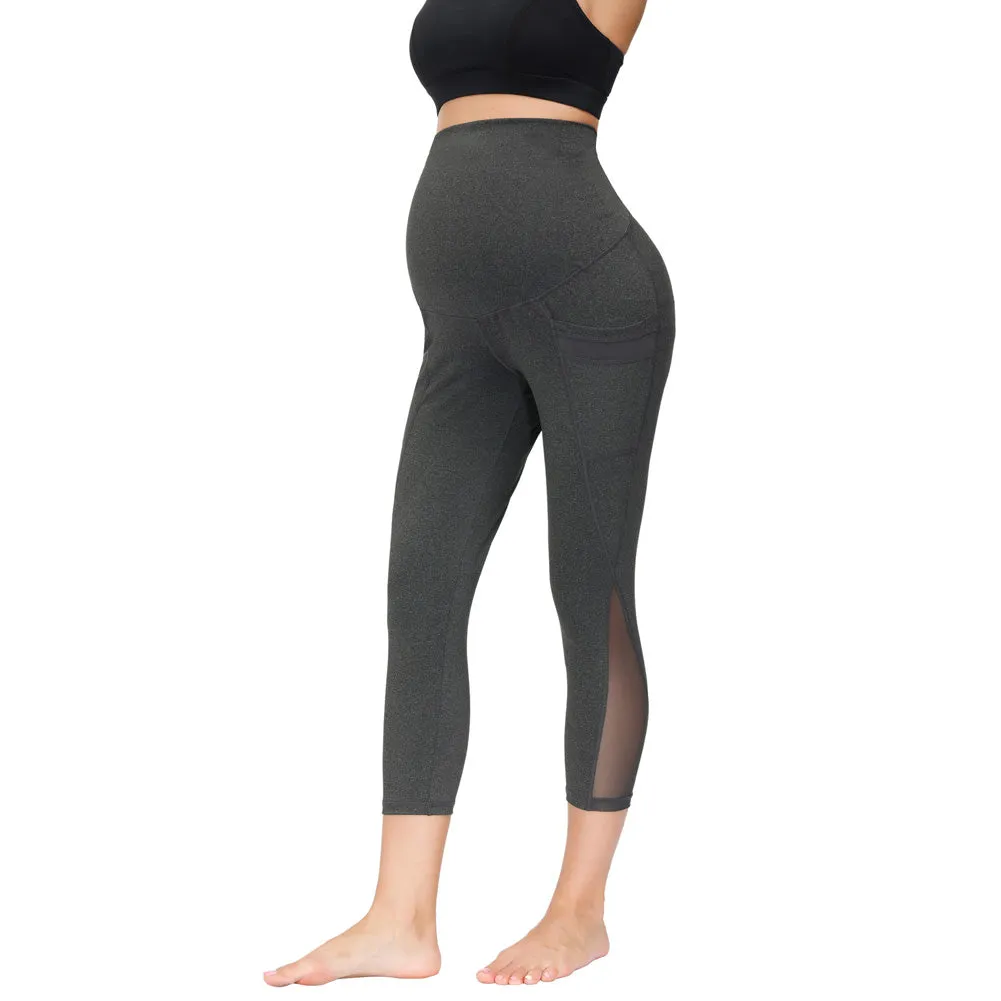 Women Maternity Cropped Yoga Pants Cross V-Back Over-The-Belly Capri Pant