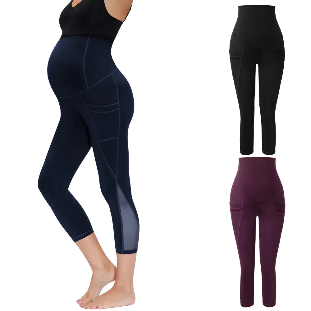 Women Maternity Cropped Yoga Pants Cross V-Back Over-The-Belly Capri Pant