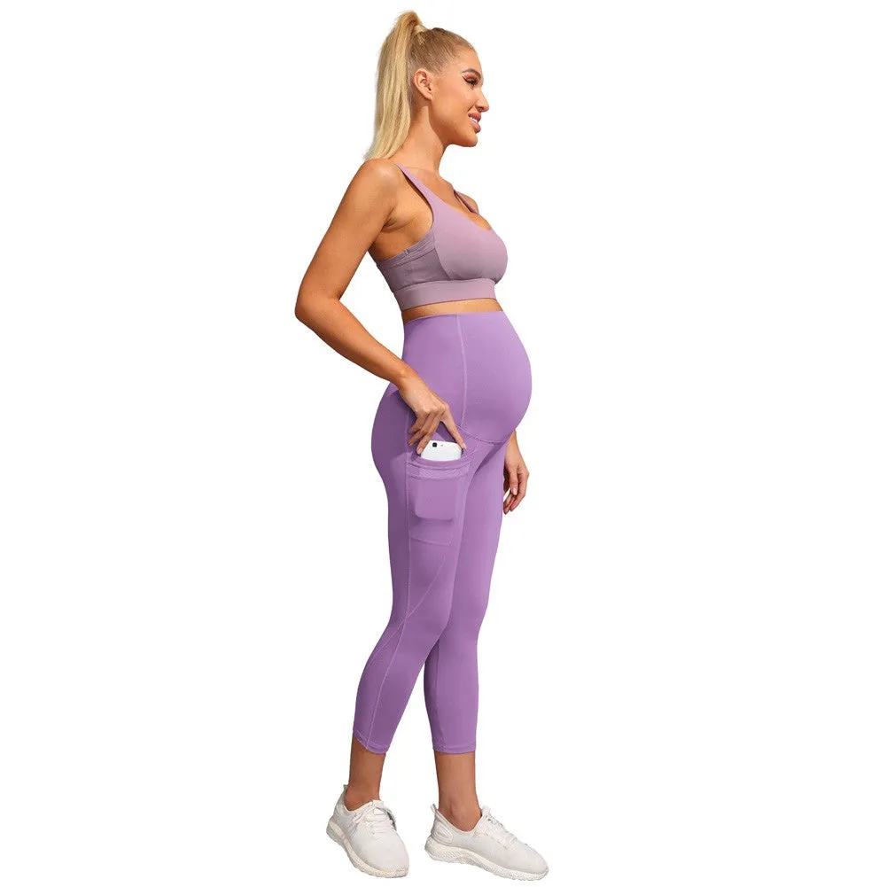 Women Maternity Cropped Yoga Pants Cross V-Back Over-The-Belly Capri Pant