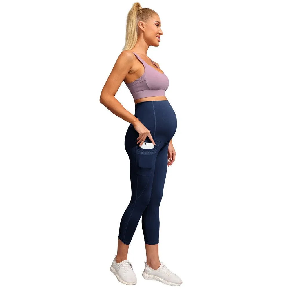 Women Maternity Cropped Yoga Pants Cross V-Back Over-The-Belly Capri Pant