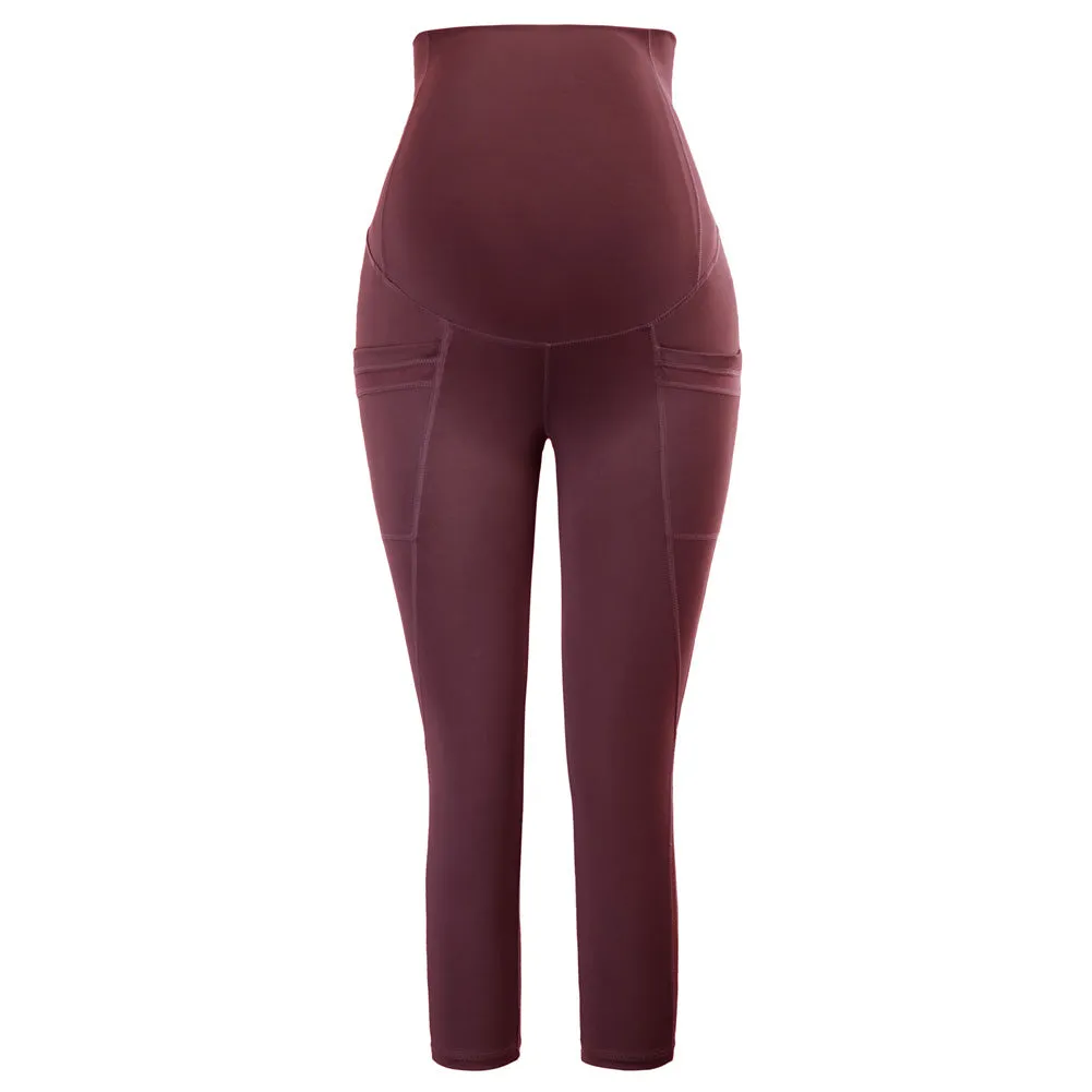 Women Maternity Cropped Yoga Pants Cross V-Back Over-The-Belly Capri Pant