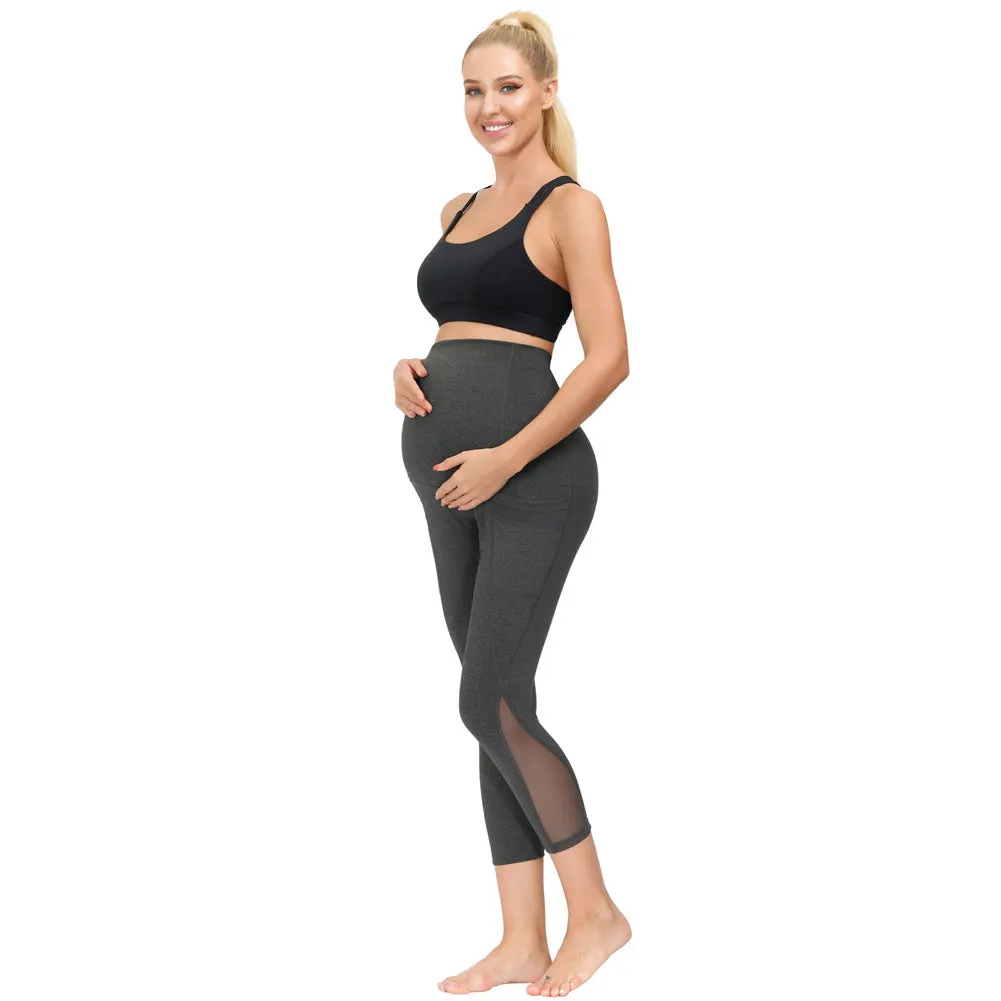 Women Maternity Cropped Yoga Pants Cross V-Back Over-The-Belly Capri Pant