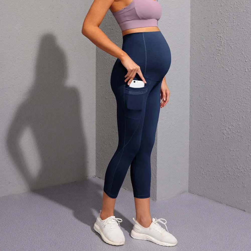 Women Maternity Cropped Yoga Pants Cross V-Back Over-The-Belly Capri Pant