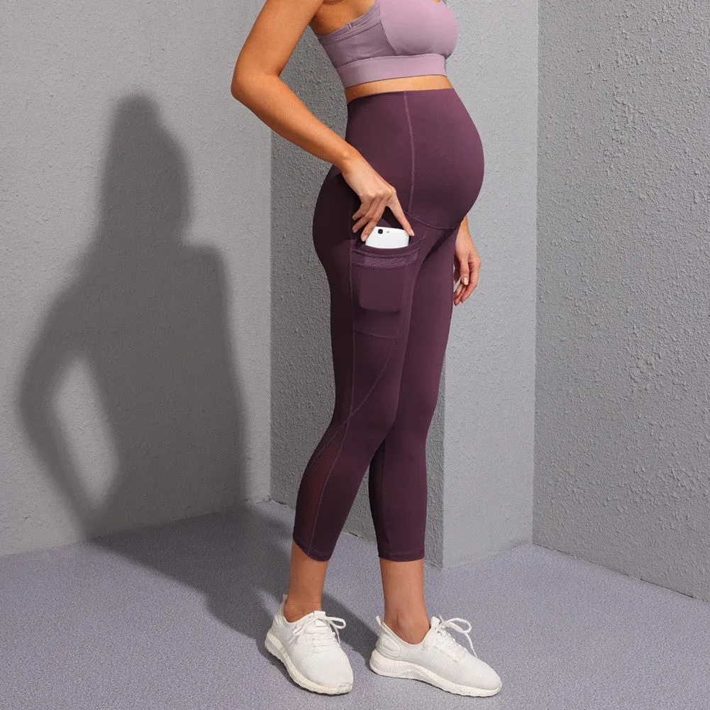 Women Maternity Cropped Yoga Pants Cross V-Back Over-The-Belly Capri Pant