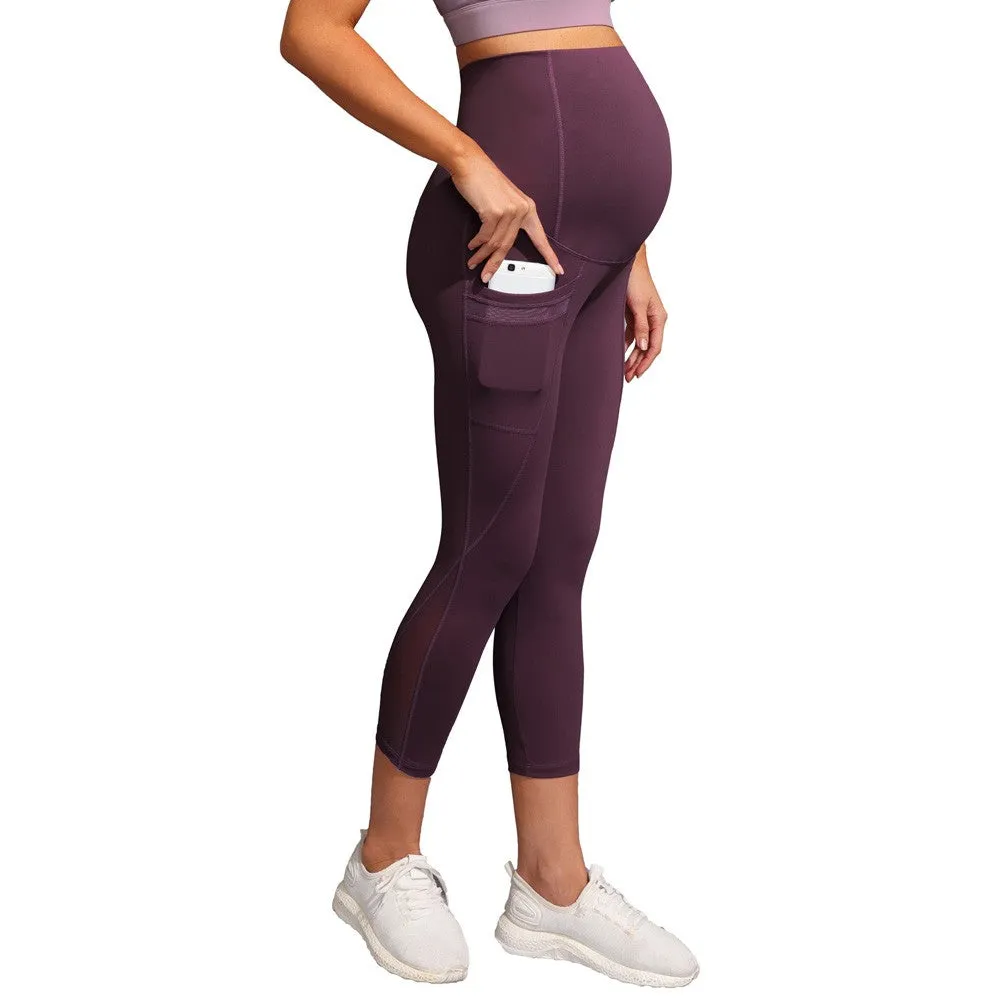 Women Maternity Cropped Yoga Pants Cross V-Back Over-The-Belly Capri Pant