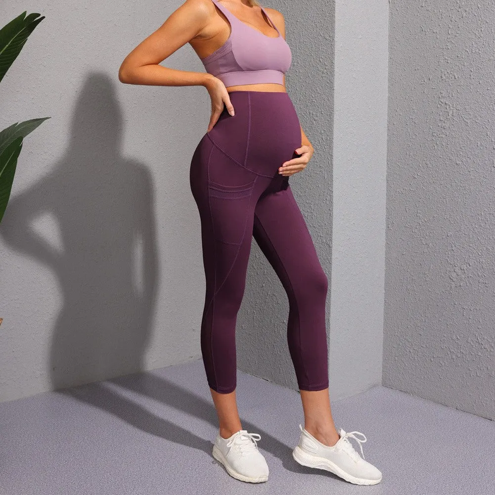 Women Maternity Cropped Yoga Pants Cross V-Back Over-The-Belly Capri Pant