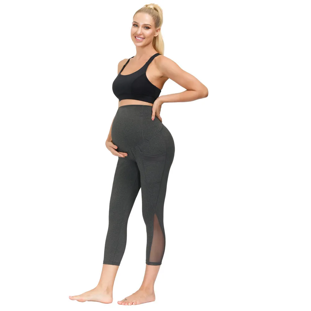 Women Maternity Cropped Yoga Pants Cross V-Back Over-The-Belly Capri Pant