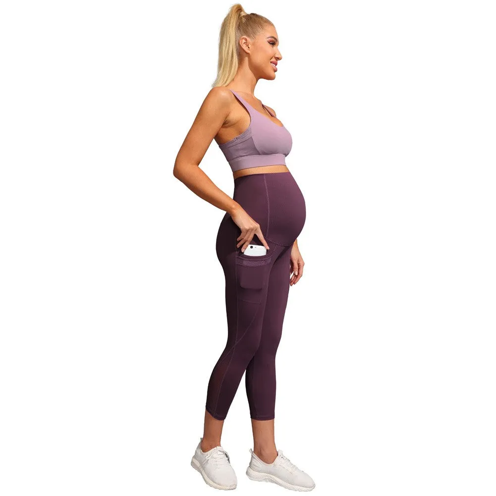 Women Maternity Cropped Yoga Pants Cross V-Back Over-The-Belly Capri Pant