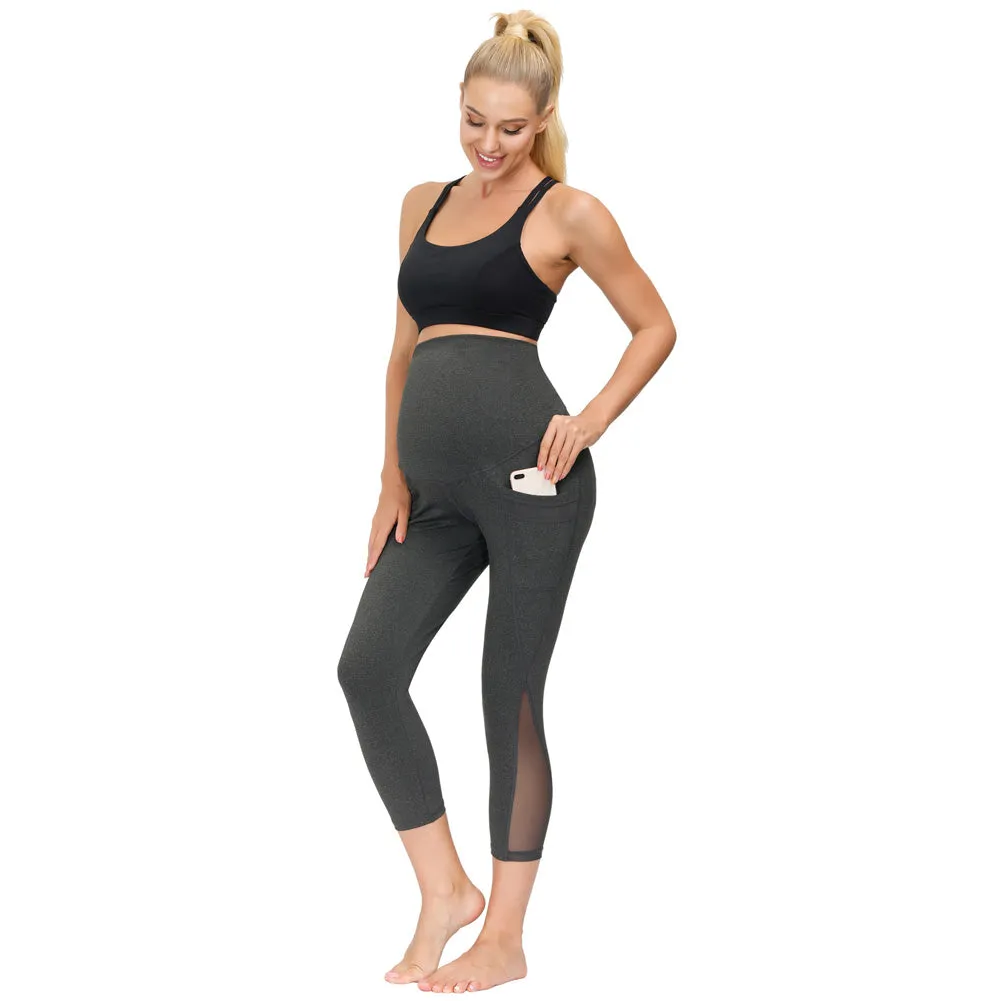 Women Maternity Cropped Yoga Pants Cross V-Back Over-The-Belly Capri Pant