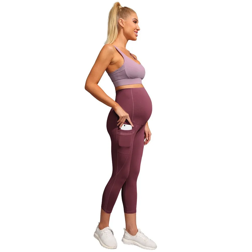 Women Maternity Cropped Yoga Pants Cross V-Back Over-The-Belly Capri Pant