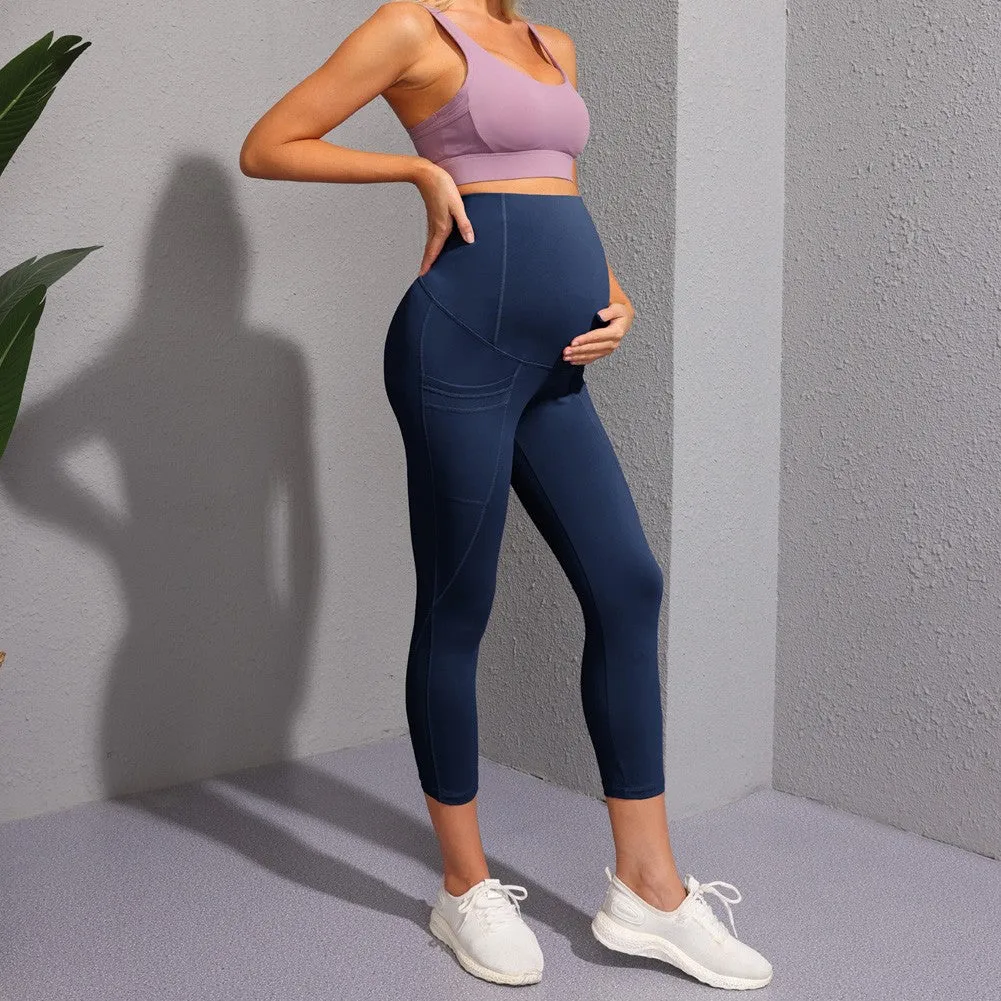 Women Maternity Cropped Yoga Pants Cross V-Back Over-The-Belly Capri Pant