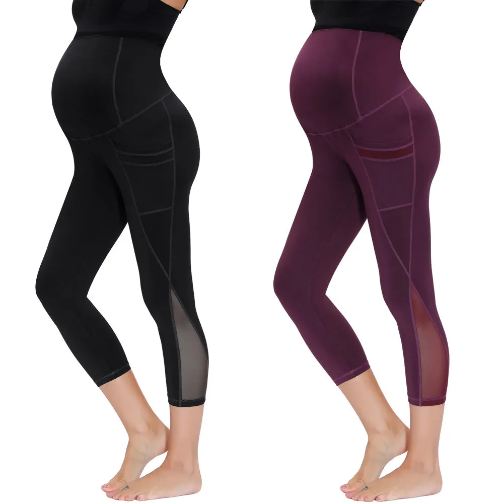 Women Maternity Cropped Yoga Pants Cross V-Back Over-The-Belly Capri Pant