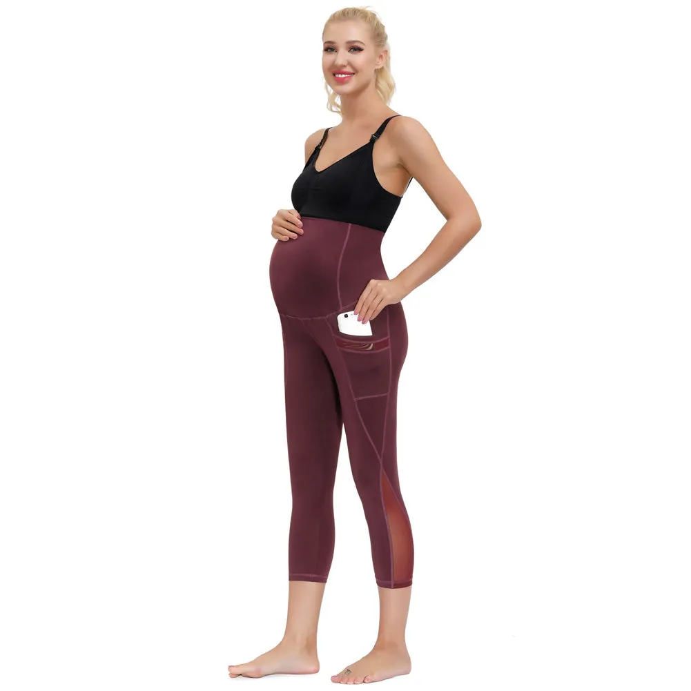 Women Maternity Cropped Yoga Pants Cross V-Back Over-The-Belly Capri Pant