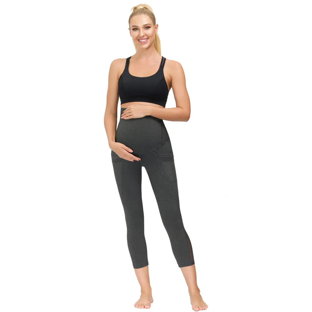 Women Maternity Cropped Yoga Pants Cross V-Back Over-The-Belly Capri Pant