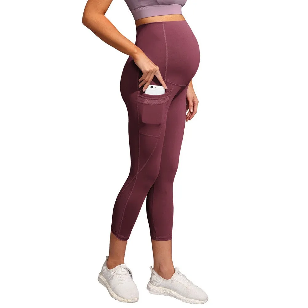 Women Maternity Cropped Yoga Pants Cross V-Back Over-The-Belly Capri Pant