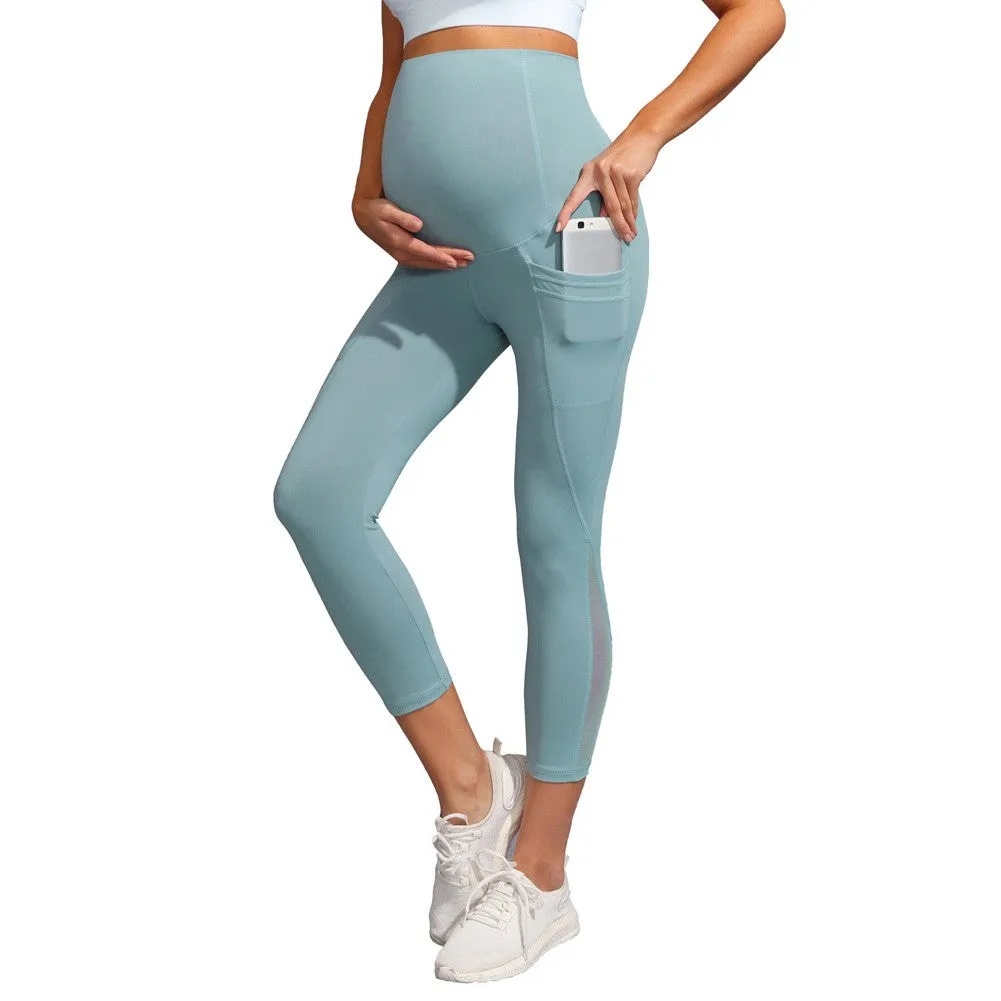 Women Maternity Cropped Yoga Pants Cross V-Back Over-The-Belly Capri Pant