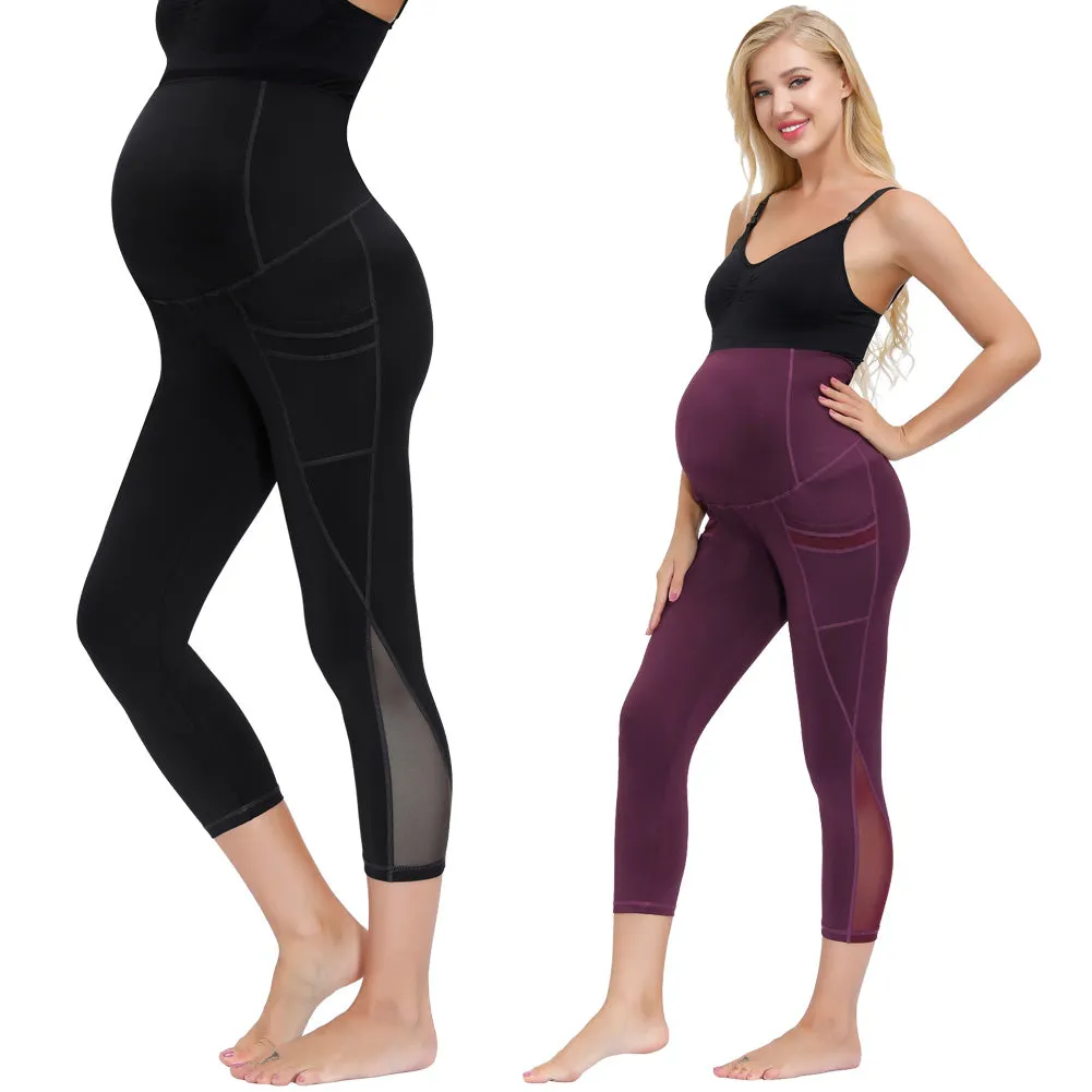 Women Maternity Cropped Yoga Pants Cross V-Back Over-The-Belly Capri Pant