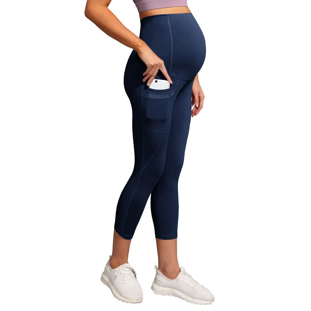 Women Maternity Cropped Yoga Pants Cross V-Back Over-The-Belly Capri Pant