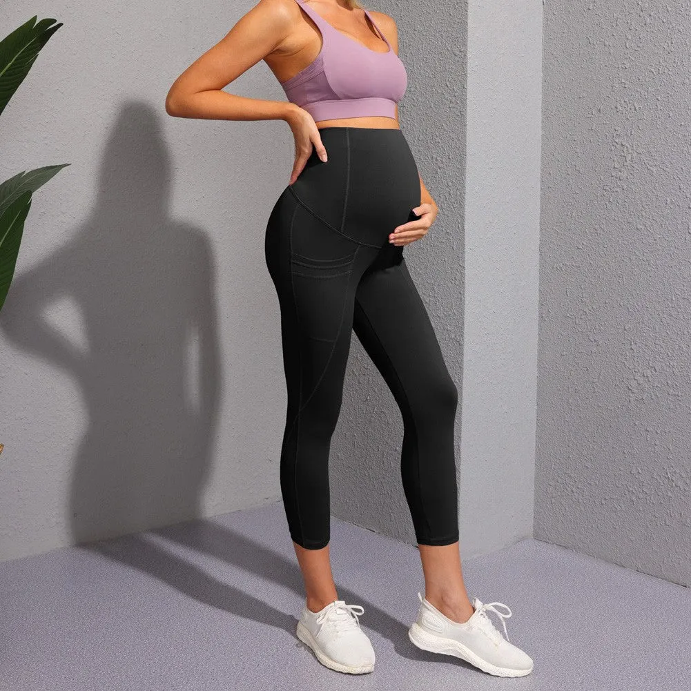 Women Maternity Cropped Yoga Pants Cross V-Back Over-The-Belly Capri Pant