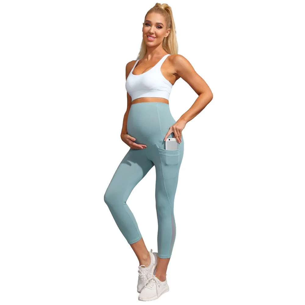 Women Maternity Cropped Yoga Pants Cross V-Back Over-The-Belly Capri Pant