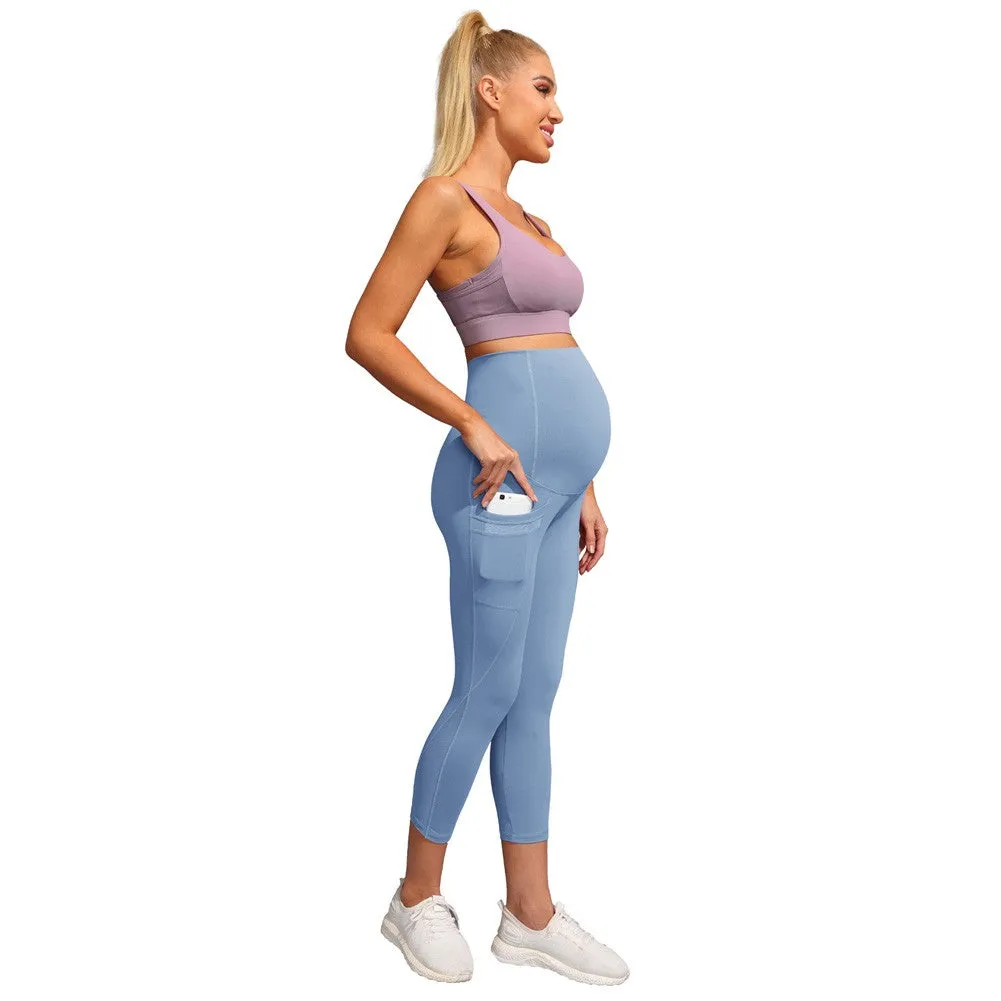 Women Maternity Cropped Yoga Pants Cross V-Back Over-The-Belly Capri Pant