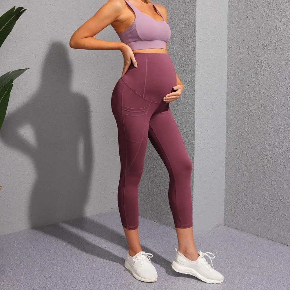 Women Maternity Cropped Yoga Pants Cross V-Back Over-The-Belly Capri Pant