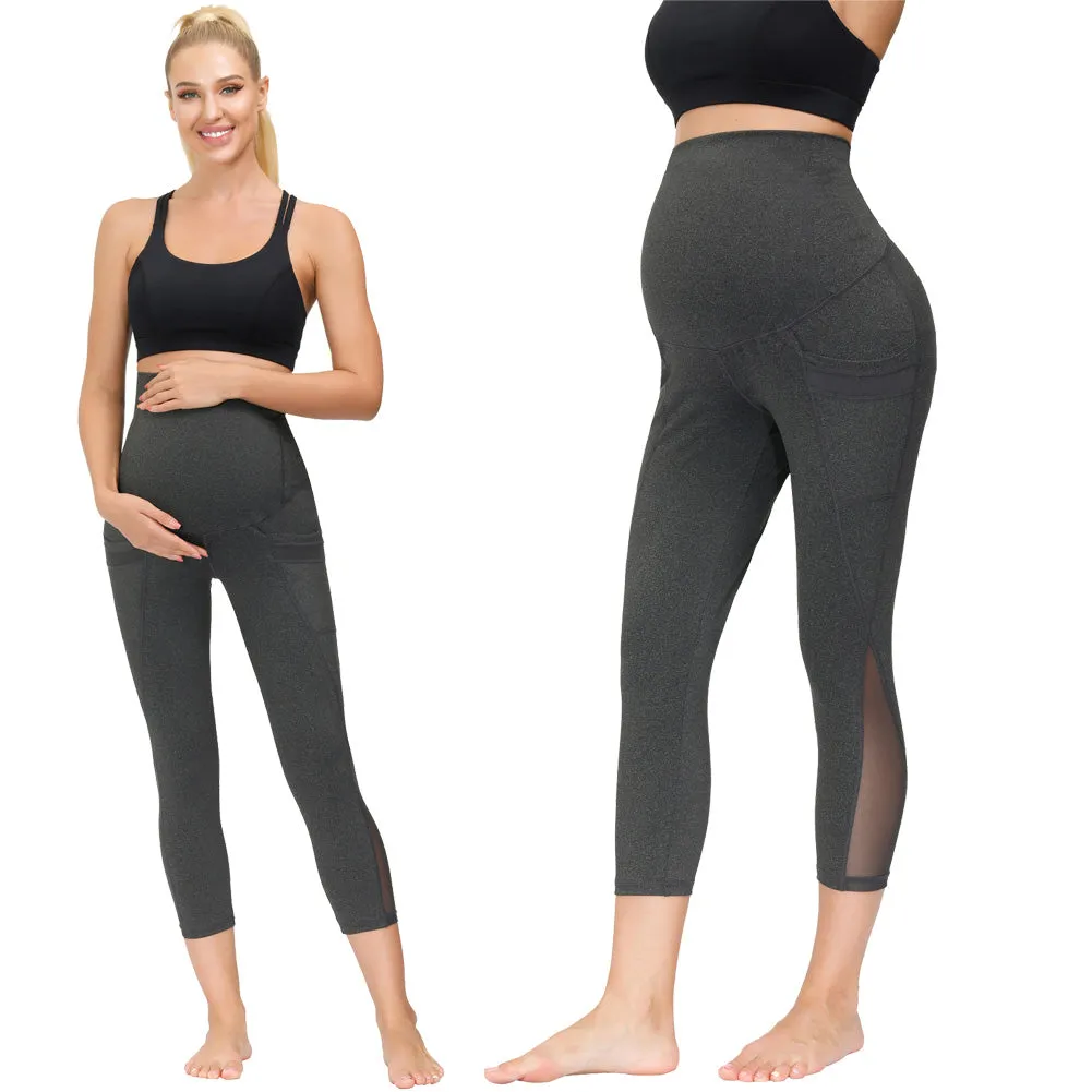 Women Maternity Cropped Yoga Pants Cross V-Back Over-The-Belly Capri Pant