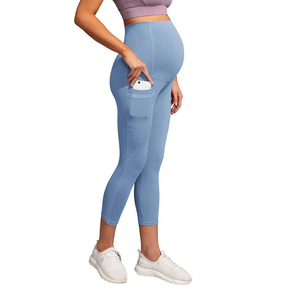 Women Maternity Cropped Yoga Pants Cross V-Back Over-The-Belly Capri Pant