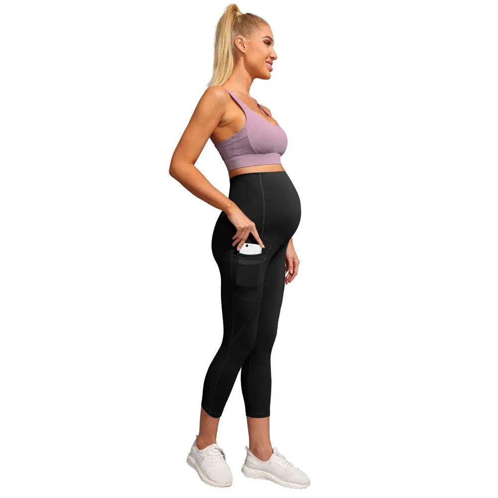 Women Maternity Cropped Yoga Pants Cross V-Back Over-The-Belly Capri Pant