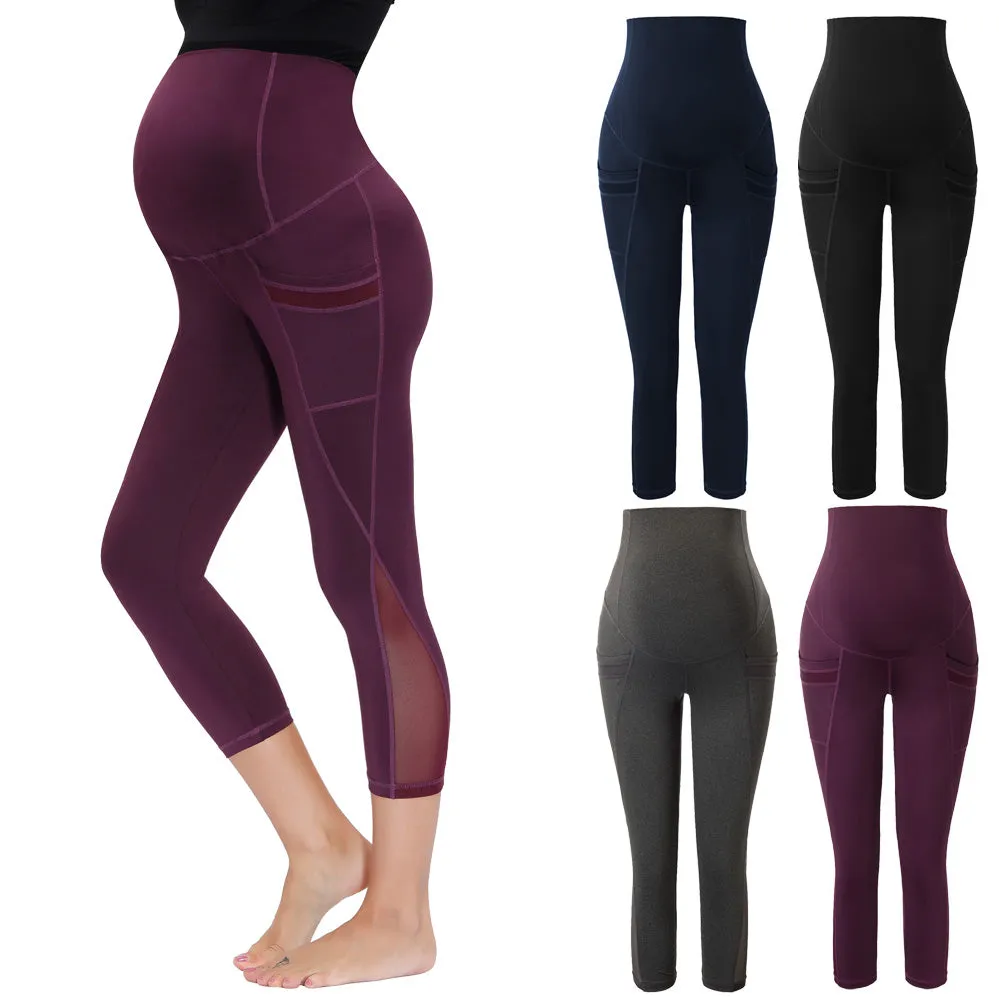 Women Maternity Cropped Yoga Pants Cross V-Back Over-The-Belly Capri Pant